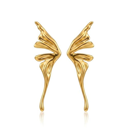 Chunky Gold Plated Flower Statement Drop Earrings for Women | Hypoallergenic 18K Gold Plated Textured Petal Wing, Large Statement Dangle Earrings for Wedding Party - color: Golden Butterfly-2