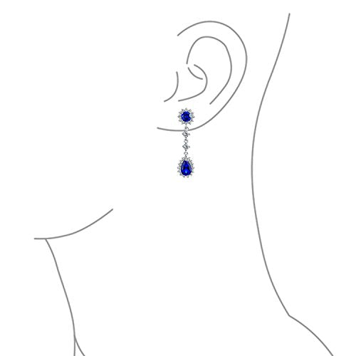 Bling Jewelry Vintage Style Bridal Simulated Blue Sapphire Statement Pave Crown Halo Cubic Zirconia AAA CZ Long Dangling Oval Teardrop Chandelier Clip On Earrings For Women Non-Pierced