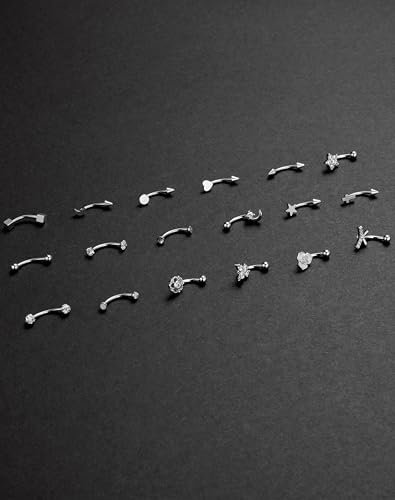 18Pcs Eyebrow Piercing Jewelry 16G Surgical Steel Curved Barbell Eyebrow Rings Butterfly Moon Vertical Labret Monroe Lip Belly Button Rook Daith Tragus Earrings for Women Men Gold Silver 10mm - color: Silver