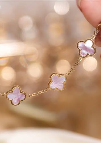 Clover Necklace and Bracelet Set + Four Leaf Clover Earrings, 18K Gold Plated Dainty Jewelry Gift for Women (Pearl White/Ocean Blue/Sweet Lilac) - color: Sweet Lilac