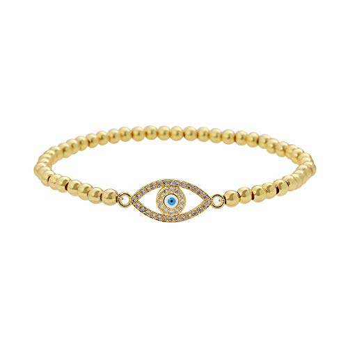 Women Evil Eye Ball chain Elastic bracelet with CZ Cubic Zirconia - color: Eye Gold