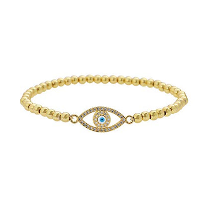 Women Evil Eye Ball chain Elastic bracelet with CZ Cubic Zirconia - color: Eye Gold
