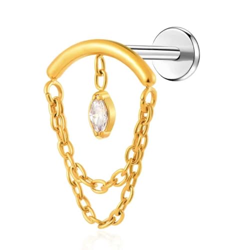 BelezaDosas G23 Titanium Labret Studs Threadless Push-in Labret Press Fit 16G Cluster Helix Lobe Conch Tragus Push Back Piercing Jewelry - style: glod 2 chain eye