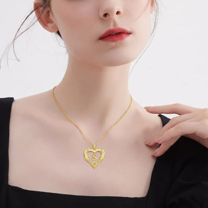 Midari 18K Gold Initial Letter Necklace for Women 18K Gold Initial Heart Capital Monogram Necklace for Mom Wife Alphabets from A-Z - color: S