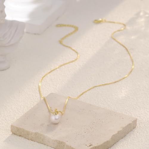 Dainty Pearl Pendant Necklaces for Women 14K Gold Plated Handmade Layered Pearl Chain Necklace Delicate Layered Pearl Necklace Everyday Jewelry Gift - color: NK02-Box-Gold