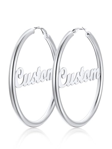 FindChic Hoop Earrings for Women, Silver/Black/14K Gold Plated Hypoallergenic Hollow Round Tube Loop Earrings, 20mm/30mm/40mm/60mm/80mm Chunky Hoops with Custom Name Options & Gift Box - color: e.Silver (Custom Name), size: 80MM