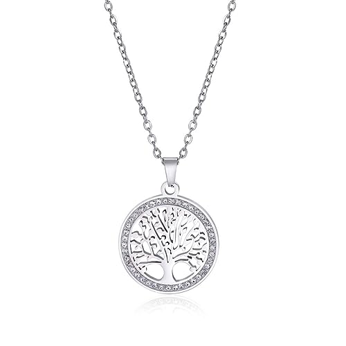 Dreamtimes Tree of Life Necklace for Women Stainless Steel Gold Color Clear Zircon Round Pendant Neck Chains Family Tree Fashion Charm Luxury Jewelry Wedding Gift - color: SILVER
