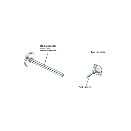 Oveta Threadless Push in Lip Rings 16G/18G/20G Labret Jewelry CZ Lip Studs Stainless Steel Cartilage Earrings for Women Monroe Medusa Piercing Jewelry 6/7/8/10/12mm Bar Length - color: Silver, size: 20G*10mm bar*1.5/2/2.5/3mm cz