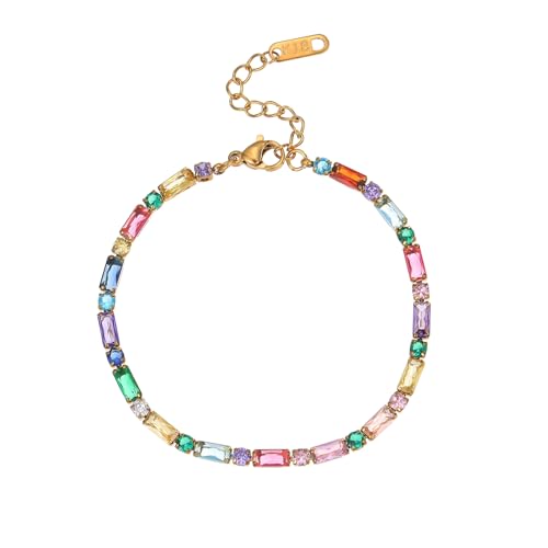 18K Gold Plated Multi-Color Classic Tennis Bracelet for Women Dainty Color 3mm Rainbow Cubic Zirconia Bracelet Adjustable CZ Gold Bracelets Trendy Summer Jewelry Gift - style: Multi Color-Gold