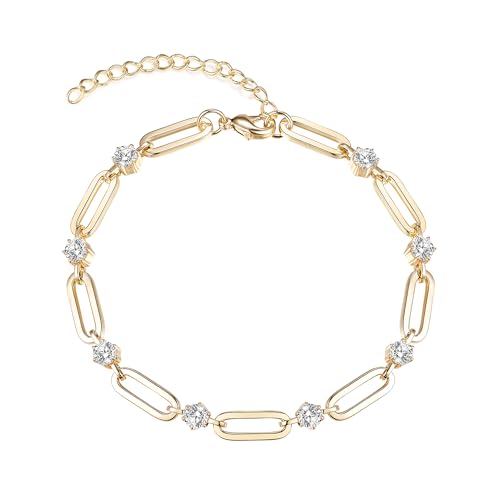 Paperclip Bracelet for Women Couple Bracelets with CZ Chain Strand Jewelry Gift for Girls - color: Style 1-Golden