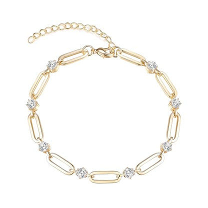 Paperclip Bracelet for Women Couple Bracelets with CZ Chain Strand Jewelry Gift for Girls - color: Style 1-Golden
