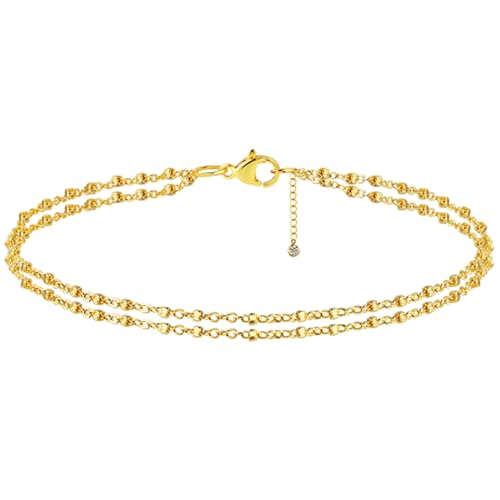 Rotnso Anklets for Women 14K Gold Silver Plated Ankle Bracelets Trendy Waterproof Boho Anklets Set Adjustable Dainty Cute Diamond Beaded Heart Non Tarnish Summer Beach Jewelry Gift - style: 2 Layered Square Bead-GD
