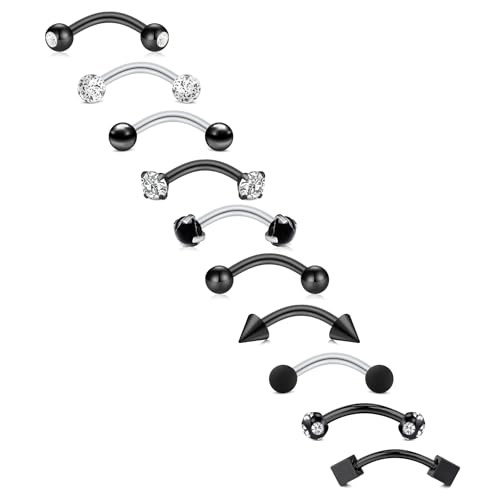FECTAS 10PCS Eyebrow Rook Piercing Jewelry 16G Earrings Vertical Labret Lip Jewelry Curved Barbell Eyebrow Rings Tiny Small Belly Rings Ear Rook Helix Conch Daith Piercing Jewelry - color: black
