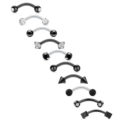 FECTAS 10PCS Eyebrow Rook Piercing Jewelry 16G Earrings Vertical Labret Lip Jewelry Curved Barbell Eyebrow Rings Tiny Small Belly Rings Ear Rook Helix Conch Daith Piercing Jewelry - color: black