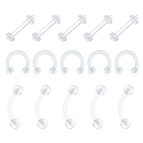 D.Bella 12Pcs 16G 8mm Horseshoe Colorful Clear Boiflex Nose Rings Hoop Lip Eyebrow Retainer Fake Nose Septum Cartilage Earrings Ring Piercing Retainer - color: 15 Pcs-Kit 2