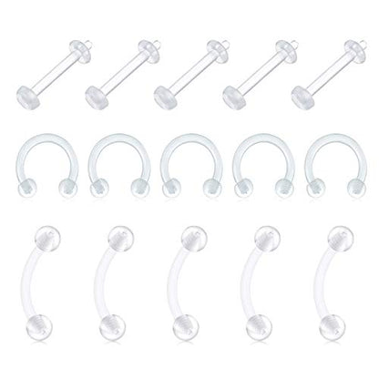 D.Bella 12Pcs 16G 8mm Horseshoe Colorful Clear Boiflex Nose Rings Hoop Lip Eyebrow Retainer Fake Nose Septum Cartilage Earrings Ring Piercing Retainer - color: 15 Pcs-Kit 2