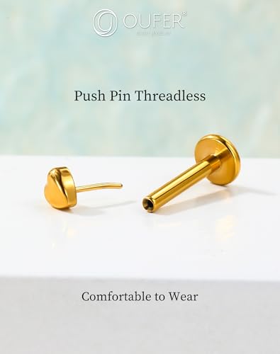 OUFER G23 Titanium Threadless Labret Studs – Flat Back Push Pin Earrings for Tragus, Helix, Monroe, Conch, Lip Piercing – 16G/18G, 6MM/8MM - color: Gold-Heart, size: 16g 6mm