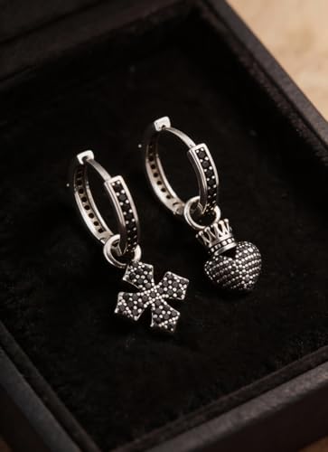 925 Silver Dangle Earrings for Women Sparkly Trendy Dainty Cute Crown Heart Cross CZ Drop Earring Fun Bling Asymmetrical 2000s Y2k Fashion Huggie Hoops Dangling Streetwear Jewelry Accessories - color: Bk