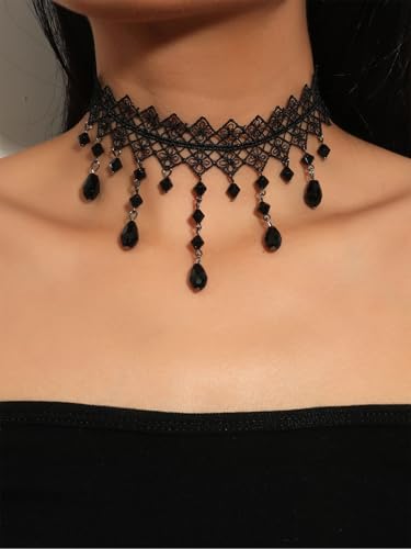 Lace Choker Necklace for Women Tassel Pendant Choker Necklaces Elegant Boho Collar Necklaces Statement Artistic Chain Necklace with Pearl Halloween Party Cosplay Costume Jewelry - color: Black Beads-1