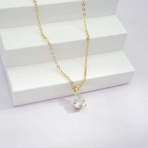 Gold Silver Necklace for Women, Dainty Cubic Zirconia Pendant | Teardrop CZ Charm, 14K Gold/Sterling Silver Plated, Adjustable Chain, Hypoallergenic & Waterproof Jewelry, Cute Trendy Gift - color: Gold-CZ teardrop/cable chain