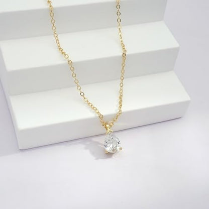 Gold Silver Necklace for Women, Dainty Cubic Zirconia Pendant | Teardrop CZ Charm, 14K Gold/Sterling Silver Plated, Adjustable Chain, Hypoallergenic & Waterproof Jewelry, Cute Trendy Gift - color: Gold-CZ teardrop/cable chain