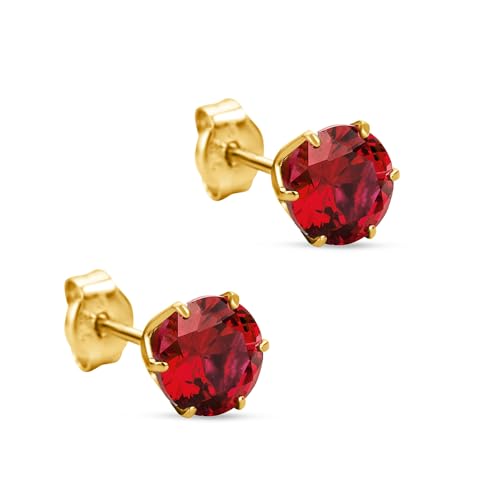 Orovi Round 14K Gold Earrings for Women in Solid 14K White Gold 585/14K Yellow Gold 585 with Ruby/Sapphire/Zirconia/Emerald Gemstones, Stud Earrings For Women,Women's Jewelry Delivered in Jewelry Box - color: 14K Yellow Gold/ Ruby