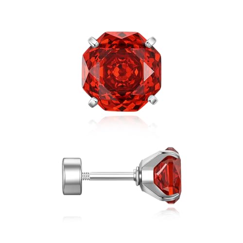 Zircon Flat Back Screw Hypoallergenic Surgical Steel Stud Earrings - color: Fiery Red, size: 1ct - 0.24 Inch (6mm), None Gift Box
