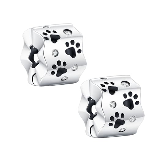 KEQ Clip Spacer Charm for Bracelet 925 Silver Pave Cubic Zirconia Clip Lock Stopper Bead Spacer For Women Bracelets Stopper Birthday Gifts European Openable Beads 2pcs - color: Dog Paw Print