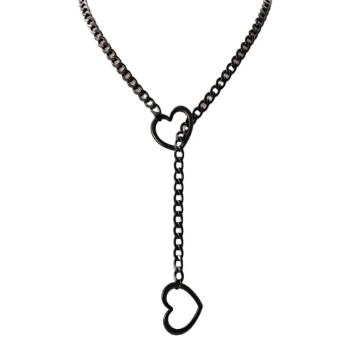 Slip Chain Choker for Women Handmade Black Stainless Steel Cuban Chain Chunky Moon Bat Raven Skull Pendant Gothic Punk Rock Collar Adjustable Lariat Y Necklace for Men - style: Black heart
