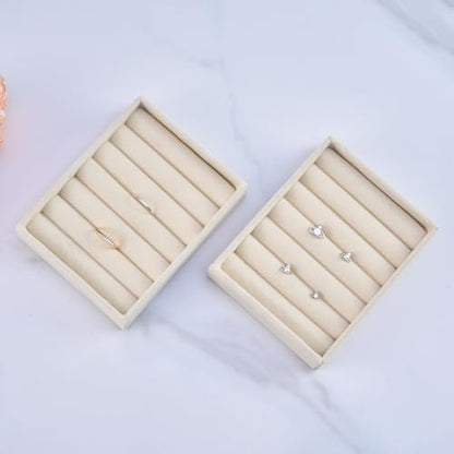 Ring Tray - 2PCS Small Jewelry Organizer, Velvet Rings & Earrings Display Tray with Storage Insert (Beige)