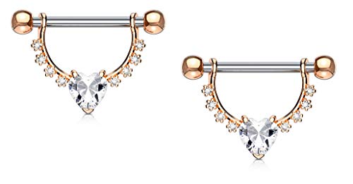 Forbidden Body Jewelry Pair of Surgical Steel 1/2 Inch (12mm) D-Ring Style CZ Heart Dangle Nipple Barbells - color: Clear (Rose Gold Tone)