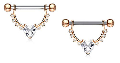 Forbidden Body Jewelry Pair of Surgical Steel 1/2 Inch (12mm) D-Ring Style CZ Heart Dangle Nipple Barbells - color: Clear (Rose Gold Tone)