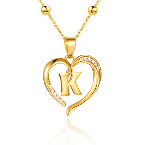 Cicy Bell Womens Heart Initial Necklace 18k Gold Plated | Personalized Letter Pendant, 17.7'' with 2'' Extender - color: Style 2-K-Gold