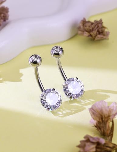 Long Belly Button Ring 6mm 8mm 10mm 12mm 14mm Surgical Stainless Steel Round Cubic Zirconia Navel Barbell Long Bar Belly Button Piercing Jewelry Silver, black, rose gold belly ring - color: 2pcs-10mm-Silver navel ring