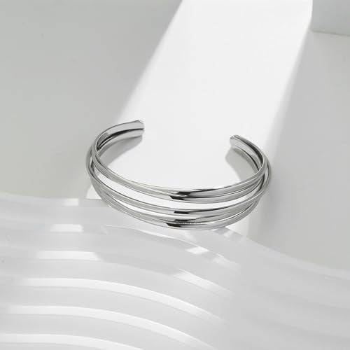 WOWORAMA Chunky Cuff Bracelets for Women Multi-layer Cross Wire Open Bangle Bracelet Adjustable Chunky Wide Open Wrist Arm Cuffs Wrap Bracelet Gold/White Gold - color: White-Gold Five-Layer Cuff