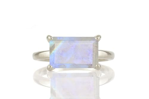 Emerald Cut Moonstone Ring - Rainbow Moonstone Solitaire - Sterling Silver June Birthstone - Minimalist Rectangle Gemstone Ring