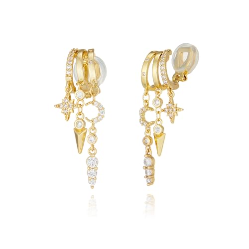 Clip On Earrings for Women Chain Moon Star Cross Hoop Dangle Earring No-Pierced Gold Silver - color: Moon,Gold tone