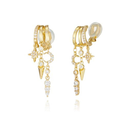 Clip On Earrings for Women Chain Moon Star Cross Hoop Dangle Earring No-Pierced Gold Silver - color: Moon,Gold tone