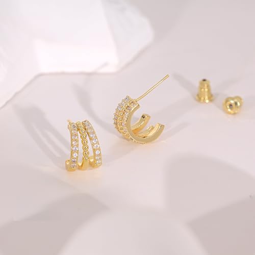 Gold Earrings for Women, Dainty Triple Huggie Earrings 14K Gold Plated Small Hoop Earrings for Women Trendy Cute Hypoallergenic Stud Earrings Unique Double Hoops Waterproof Womens Jewelry Gifts - color: gold plated-A