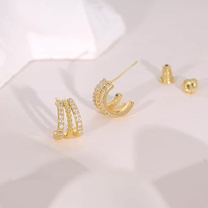 Gold Earrings for Women, Dainty Triple Huggie Earrings 14K Gold Plated Small Hoop Earrings for Women Trendy Cute Hypoallergenic Stud Earrings Unique Double Hoops Waterproof Womens Jewelry Gifts - color: gold plated-A