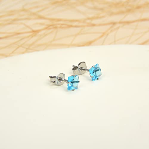 12 Pairs Surgical Stainless Steel Stud Earring Round Heart Star Square Cubic Zirconia Birthstone Stud Earrings Set for Women - color: Silver square 4mm