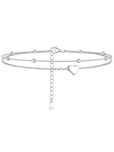 ChicSilver Sterling Silver Anklets for Women 925 Ankle Bracelets for Women Layered Heart Anklet With Beaded Anklets for Women - style: 27. Blank Heart