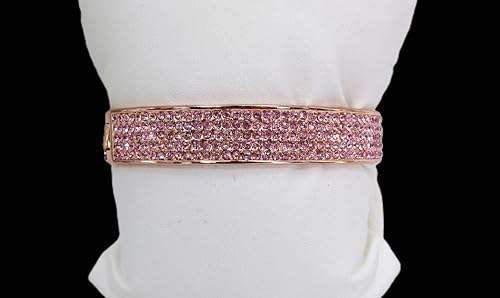 Pink crystal bangle bracelet with sparkling crystals expandable open hinge in a rose gold finish. Women's fashion dressy formal wedding bracelet