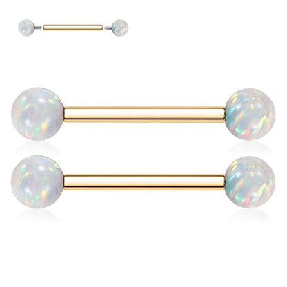 FUNLMO 1 Pair Nipple Piercing Jewelry Titanium Nipple Rings Internally Threaded Tongue Rings Bridge Piercing Jewelry Opal Nipple Barbells - color: Gold, White Opal Ball
