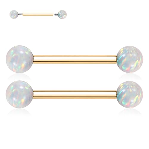 FUNLMO 1 Pair Nipple Piercing Jewelry Titanium Nipple Rings Internally Threaded Tongue Rings Bridge Piercing Jewelry Opal Nipple Barbells - color: Gold, White Opal Ball