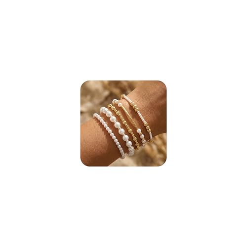 14K Gold Plated Beaded Bracelets Stack Set for Women,Stretch Boho Ball Jewelry Friendship Trendy - color: Gold silver pearl