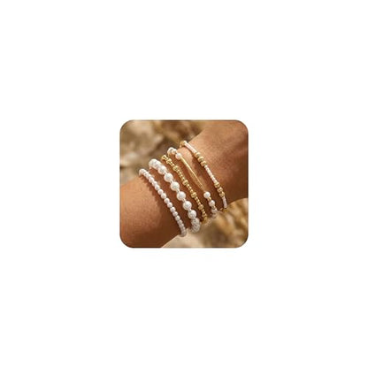 14K Gold Plated Beaded Bracelets Stack Set for Women,Stretch Boho Ball Jewelry Friendship Trendy - color: Gold silver pearl