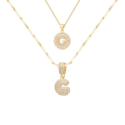 2PCS Initial Necklaces for Women, 14K Gold Plated Letter Pendant Set | Trendy Layered Bling Style, Meaningful Letter & Round CZ Pendant Design - color: Gold, style: Letter G
