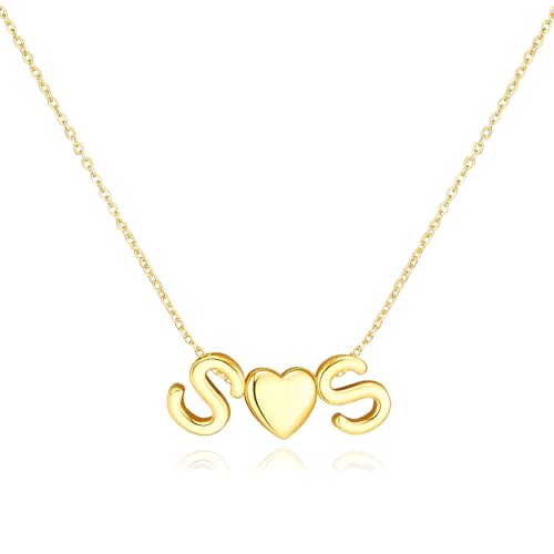 adoyi Initial Necklaces for Women 14k Gold Plated Layered bubble Letter Necklace Dainty Heart A-Z Pendant Necklace Initial Necklaces Stack Birthday Gifts for Women Jewelry - color: Gold-Heart, style: S+S