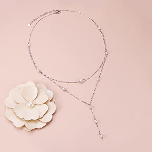 925 Sterling Silver Multilayer Layered Triple Long Chain Necklace for Women - style: Pearl 2 Layered